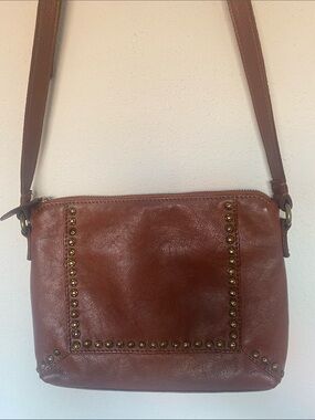 Valencia Portland Genuine Leather Studded Crossbody Bag Cognac Brown